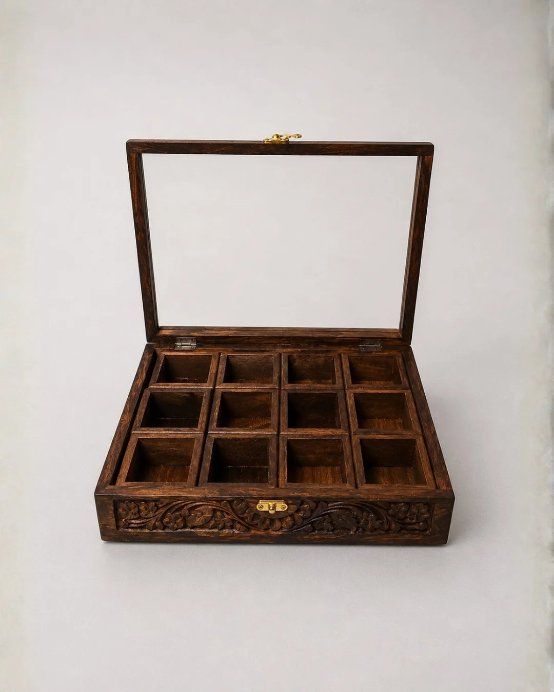 12 Portion Wooden Spices Box with Carving Art - Traditional Kitchen Storage