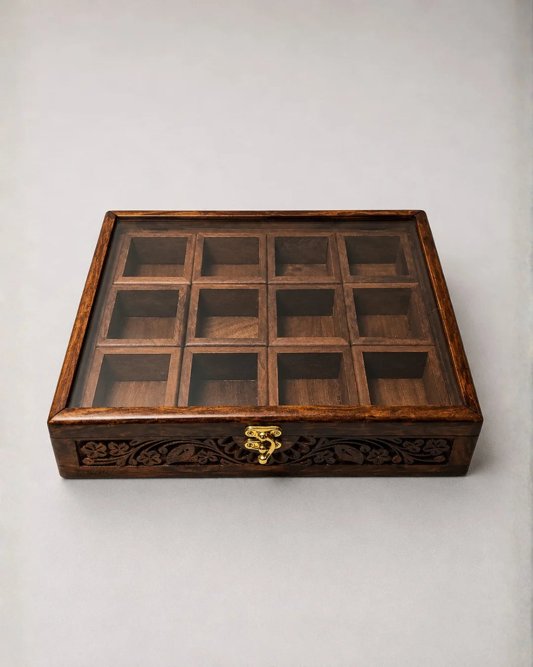 12 Portion Wooden Spices Box with Carving Art - Traditional Kitchen Storage