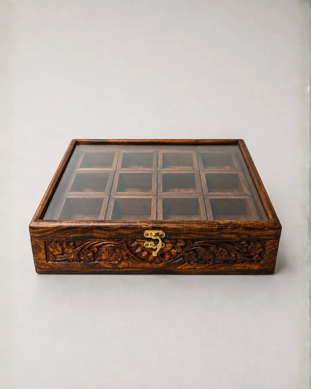 12 Portion Wooden Spices Box with Carving Art - Traditional Kitchen Storage