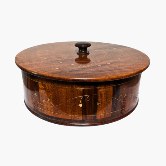 Handmade Wooden Chapati Hotpot with Brass Artwork