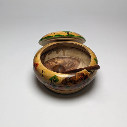 Hand-Painted Wooden Sugar Pot with Lid & Spoon