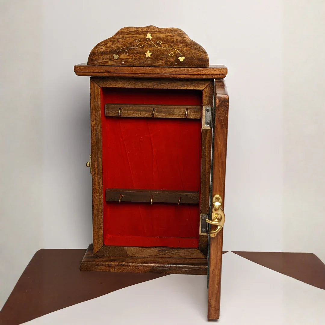 Handmade Wooden Wall Mounted Key Box with Glass Panel and 6 Key Hooks - Woodistan