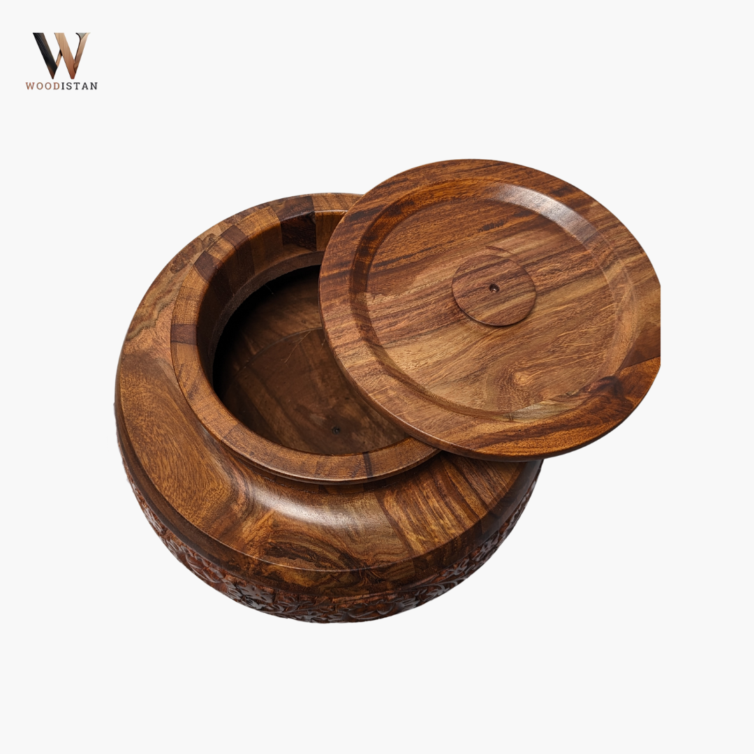 Handmade Wooden Daig Style Chapati Hotpot with Carving Art