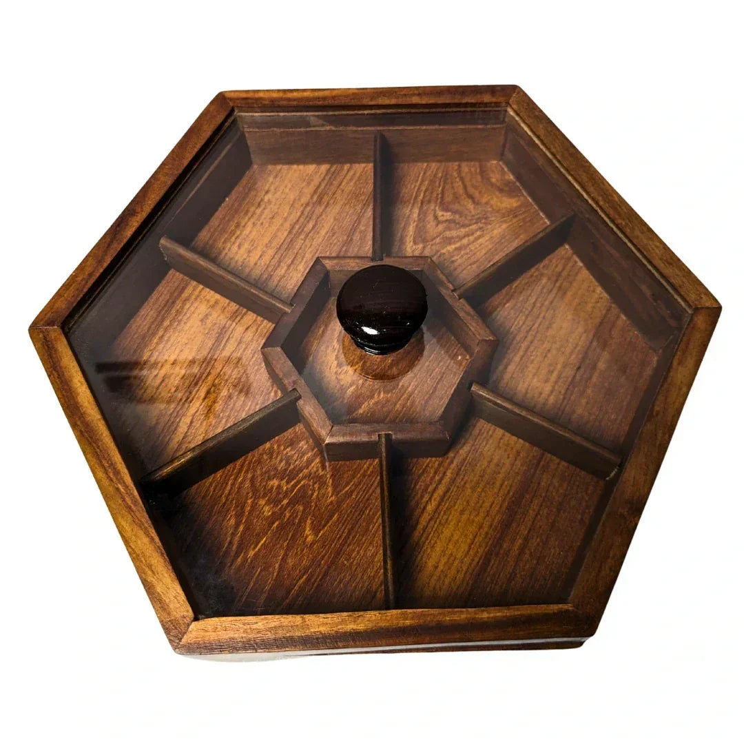 Handcrafted Wooden Dry Fruit Box with Glass Lid with 7 Compartments - Woodistan
