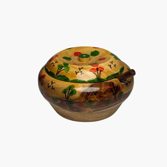Hand-Painted Wooden Sugar Pot with Lid & Spoon