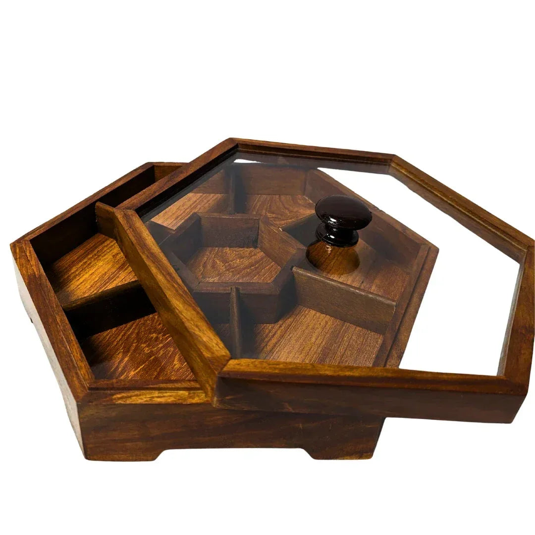 Handcrafted Wooden Dry Fruit Box with Glass Lid with 7 Compartments - Woodistan