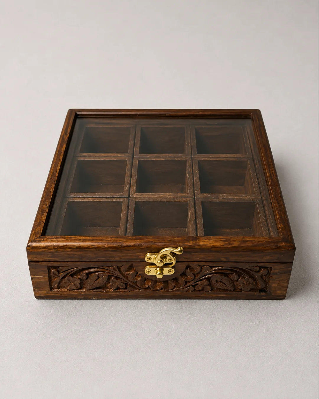 9 Portion Wooden Carved Spice Storage