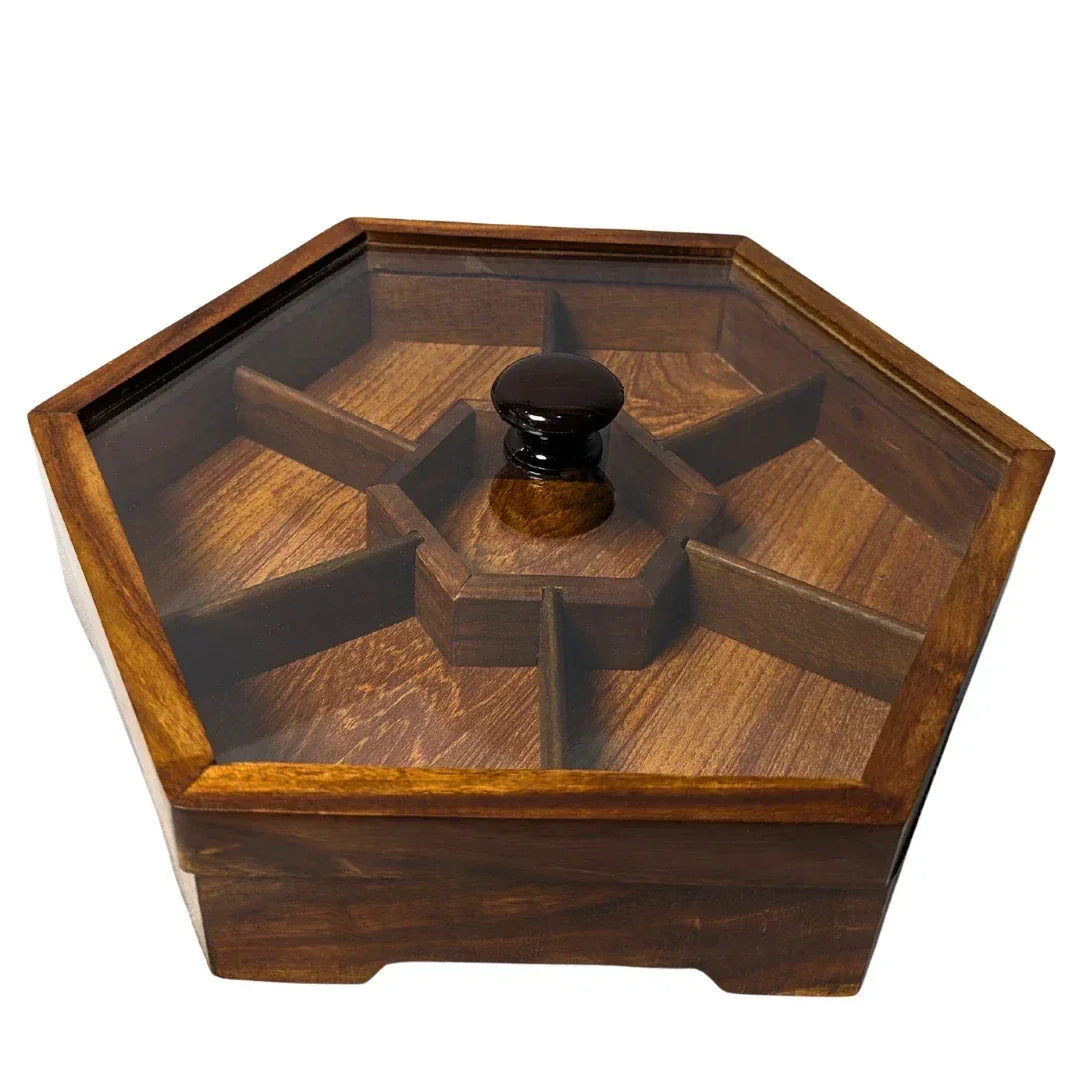 Handcrafted Wooden Dry Fruit Box with Glass Lid with 7 Compartments - Woodistan