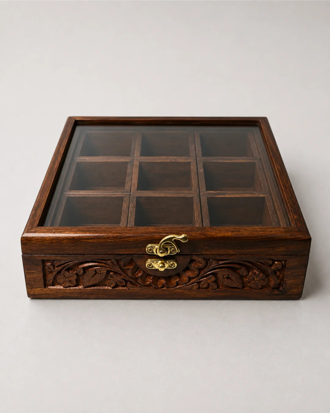 9 Portion Wooden Carved Spice Storage