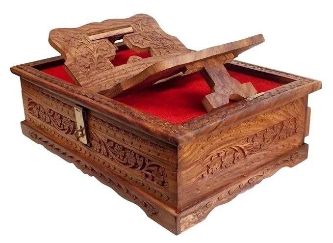 Handmade Wooden Quran Box with Carving Art & Rehal Stand - 2 in 1 Quran Holder & Storage - Woodistan