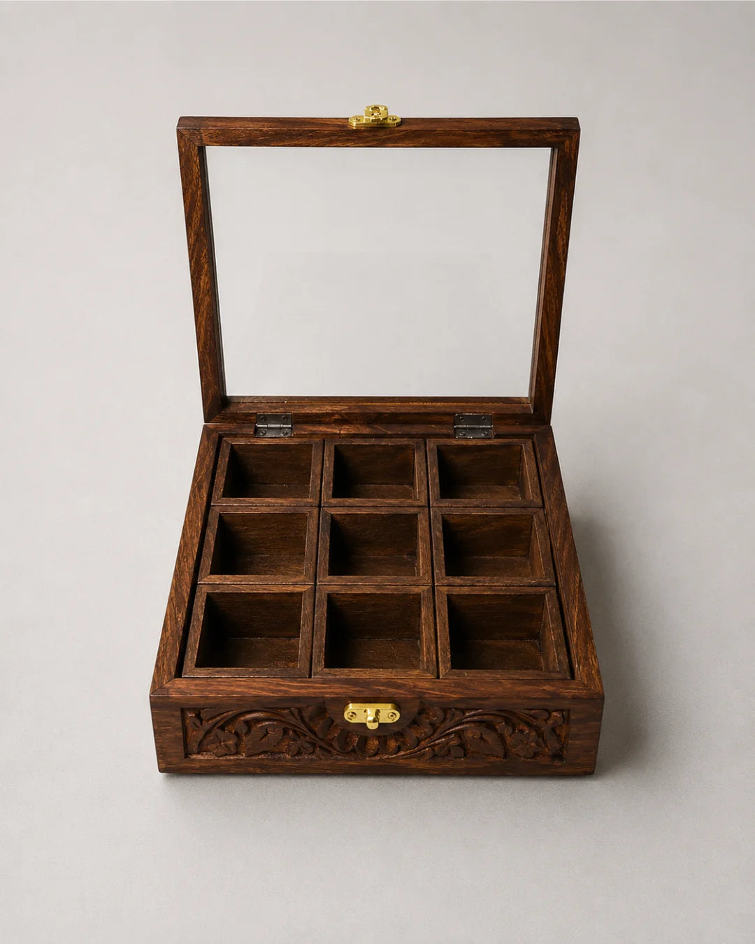 9 Portion Wooden Carved Spice Storage