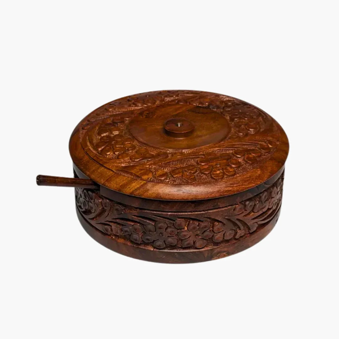Hand-Carved Wooden Sugar Pot with Lid & Spoon