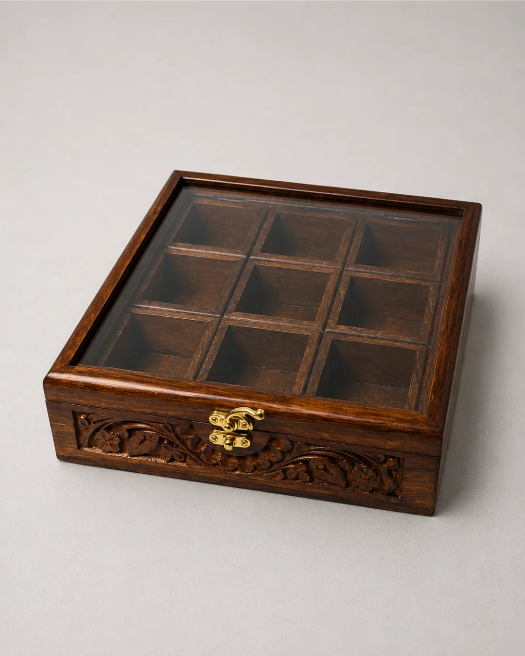 9 Portion Wooden Carved Spice Storage