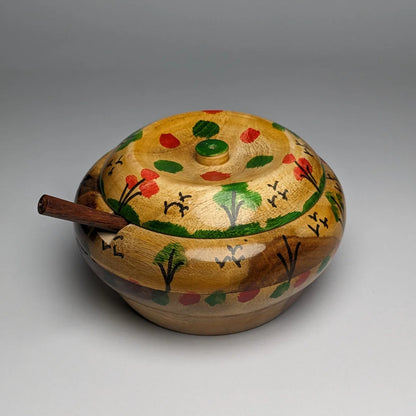 Hand-Painted Wooden Sugar Pot with Lid & Spoon