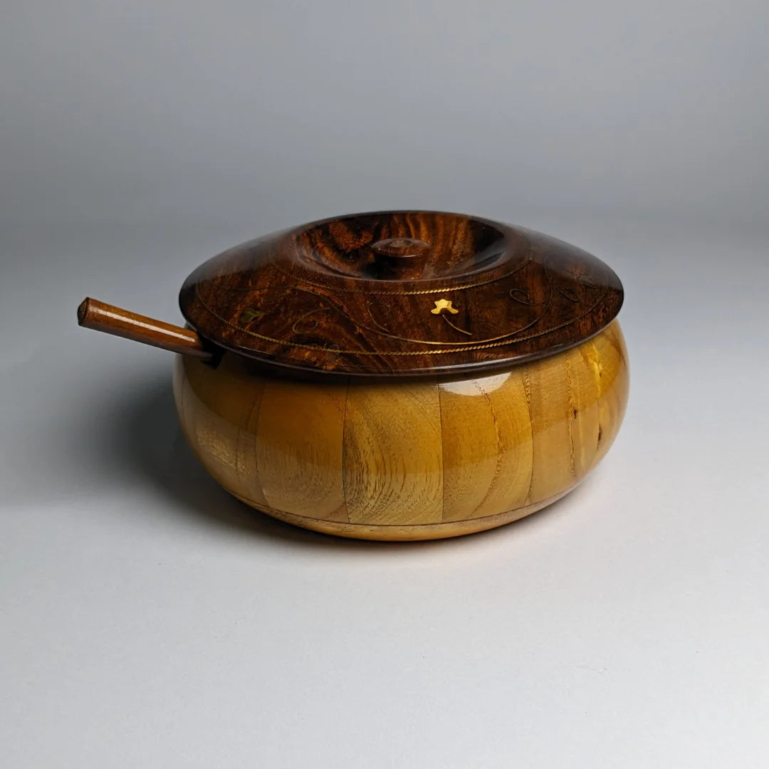 Handcrafted Wooden Sugar Pot with Lid & Spoon