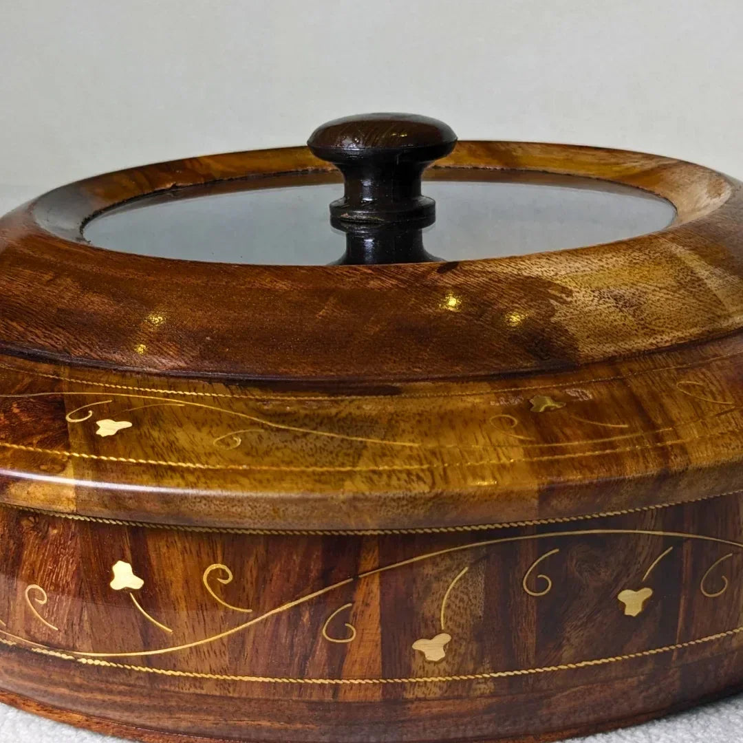 Wooden Dry Fruit Box with Glass Lid & Brass Art - Woodistan