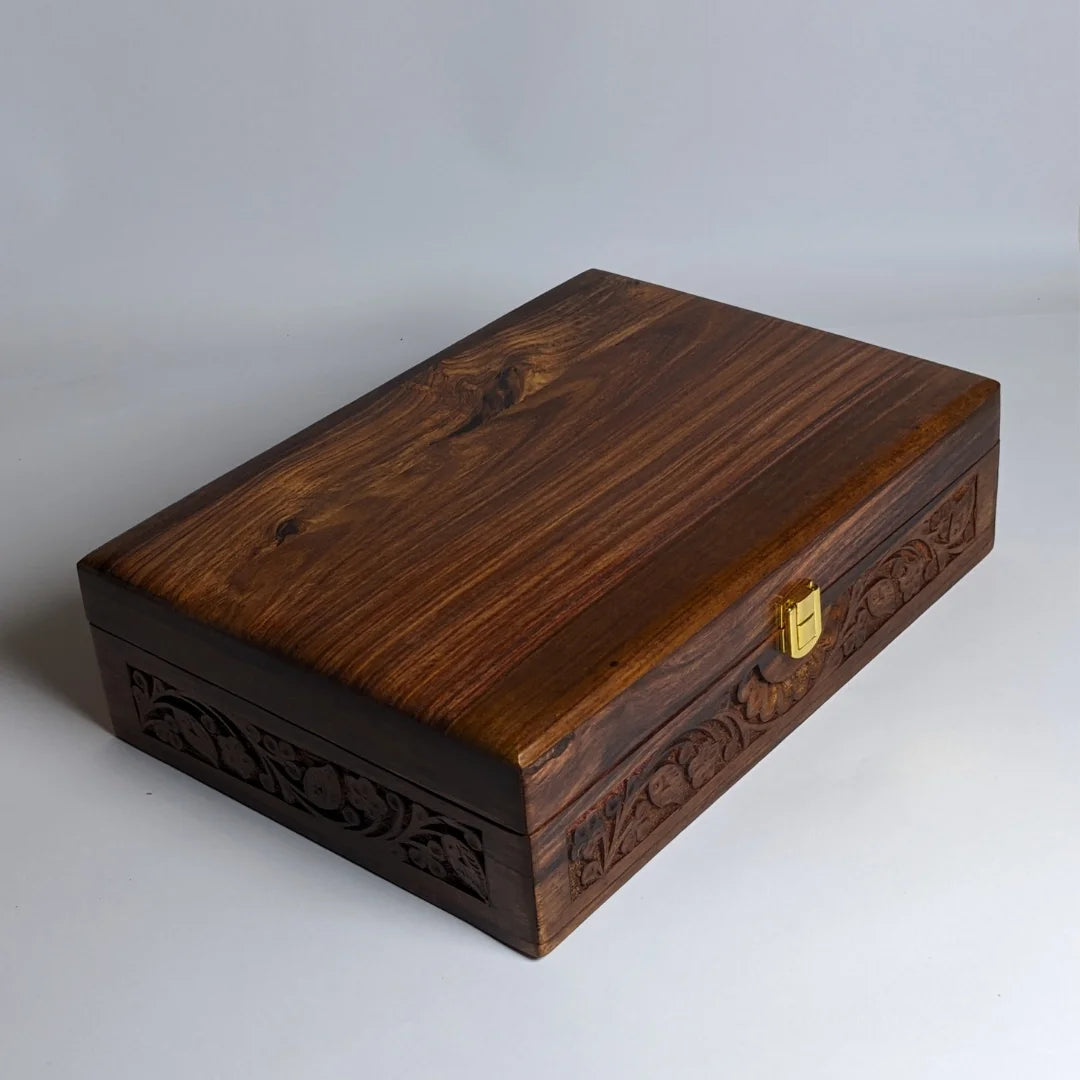 Wooden Watch Box with Plain Top, Carving Art & Shape-Holding Cushions – Organizer for 10 Watches