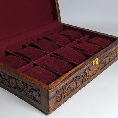 Wooden Watch Box with Plain Top, Carving Art & Shape-Holding Cushions – Organizer for 10 Watches