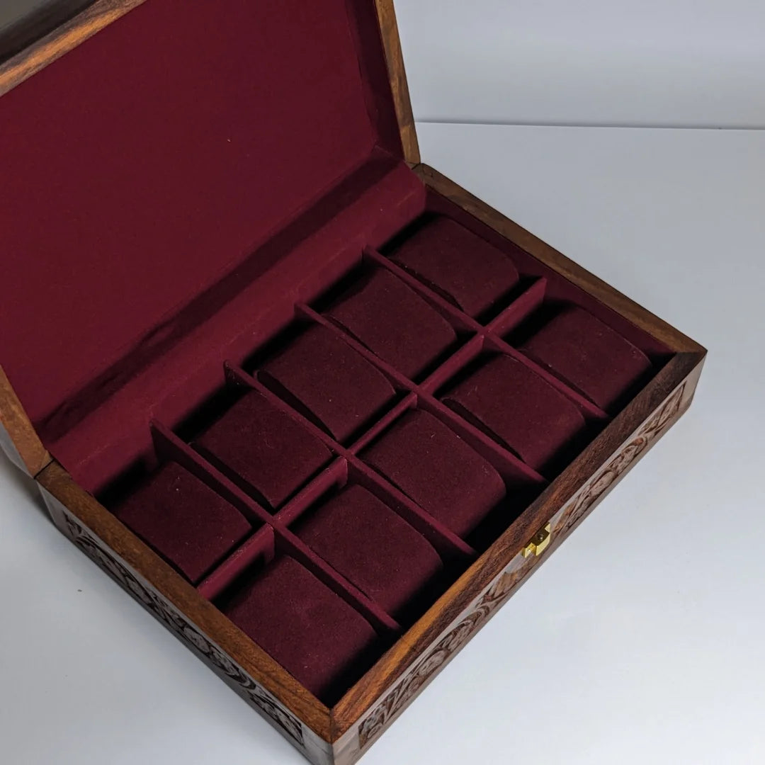 Wooden Watch Box with Plain Top, Carving Art & Shape-Holding Cushions – Organizer for 10 Watches