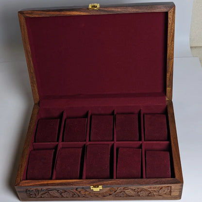 Wooden Watch Box with Plain Top, Carving Art & Shape-Holding Cushions – Organizer for 10 Watches