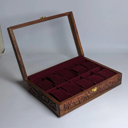 Wooden Watch Box with Glass Lid, Carving Art & Shape-Holding Cushions – Organizer for 10 Watches