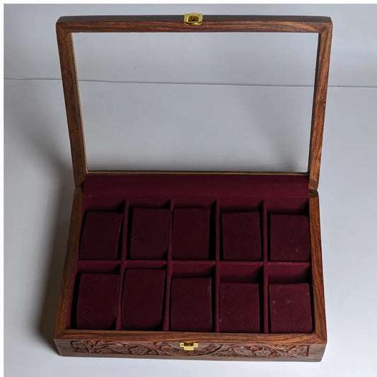 Wooden Watch Box with Glass Lid, Carving Art & Shape-Holding Cushions – Organizer for 10 Watches