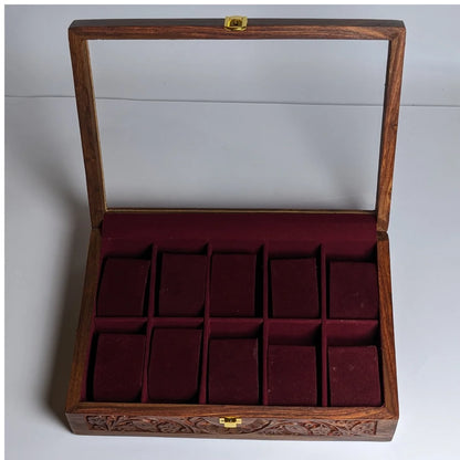 Wooden Watch Box with Glass Lid, Carving Art & Shape-Holding Cushions – Organizer for 10 Watches