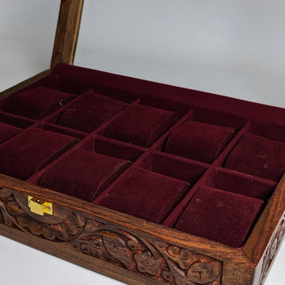 Wooden Watch Box with Glass Lid, Carving Art & Shape-Holding Cushions – Organizer for 10 Watches