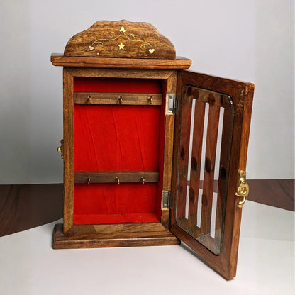 Handmade Wooden Wall Mounted Key Box with Glass Panel and 6 Key Hooks - Woodistan