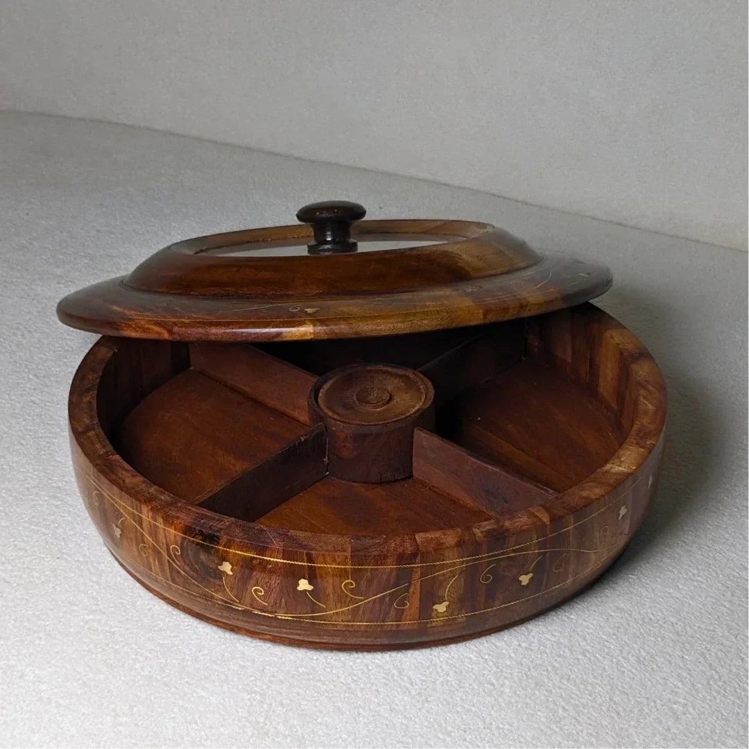 Wooden Dry Fruit Box with Glass Lid & Brass Art - Woodistan