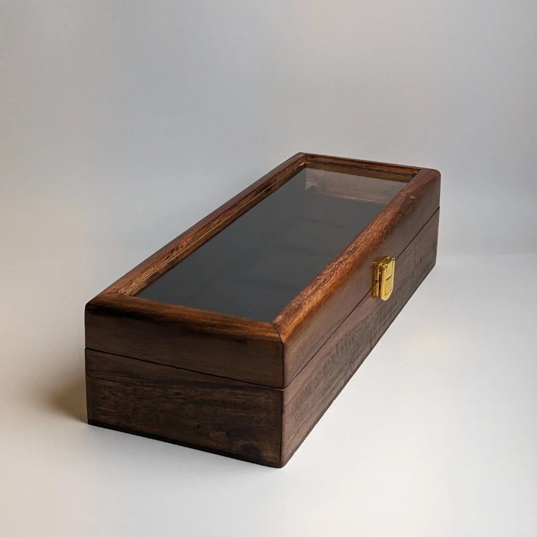 Wooden Watch Box with Glass Lid & Shape-Holding Cushions – Organizer for 5 Watches