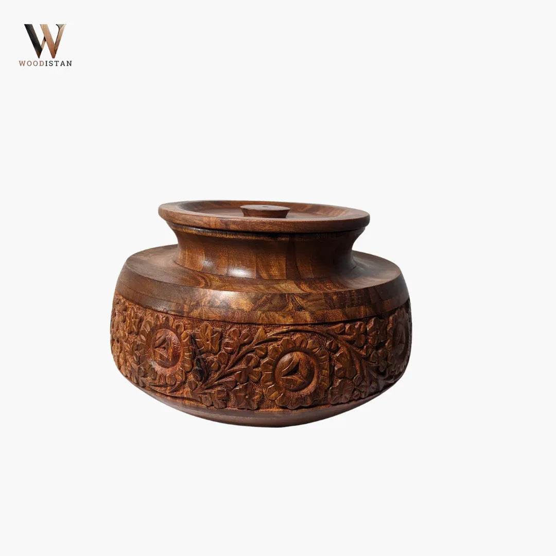Handmade Wooden Daig Style Chapati Hotpot with Carving Art - Woodistan