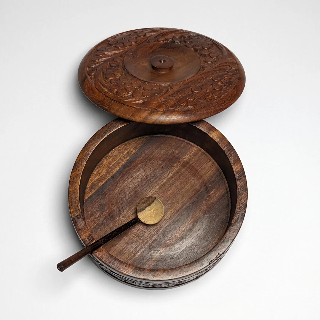 Hand-Carved Wooden Sugar Pot with Lid & Spoon