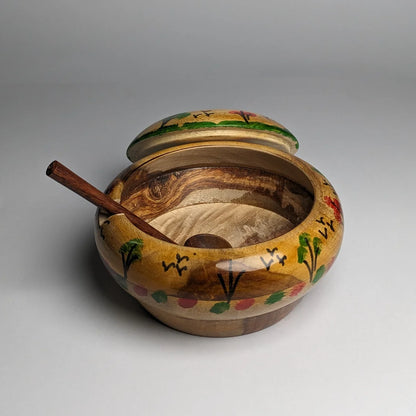 Hand-Painted Wooden Sugar Pot with Lid & Spoon