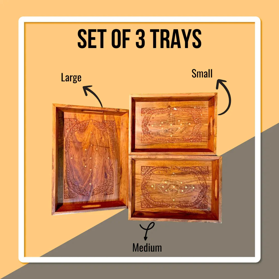 Hand Carved Wooden Tray Set (3 Trays) - Woodistan