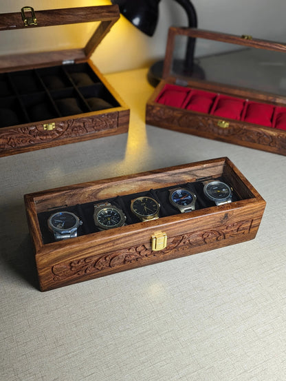 Wooden Watch Box with Glass Lid & Carving Art - Organizer for 5 Watches