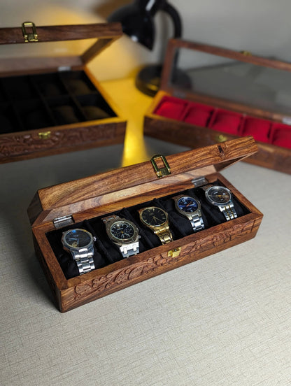 Wooden Watch Box with Glass Lid & Carving Art - Organizer for 5 Watches