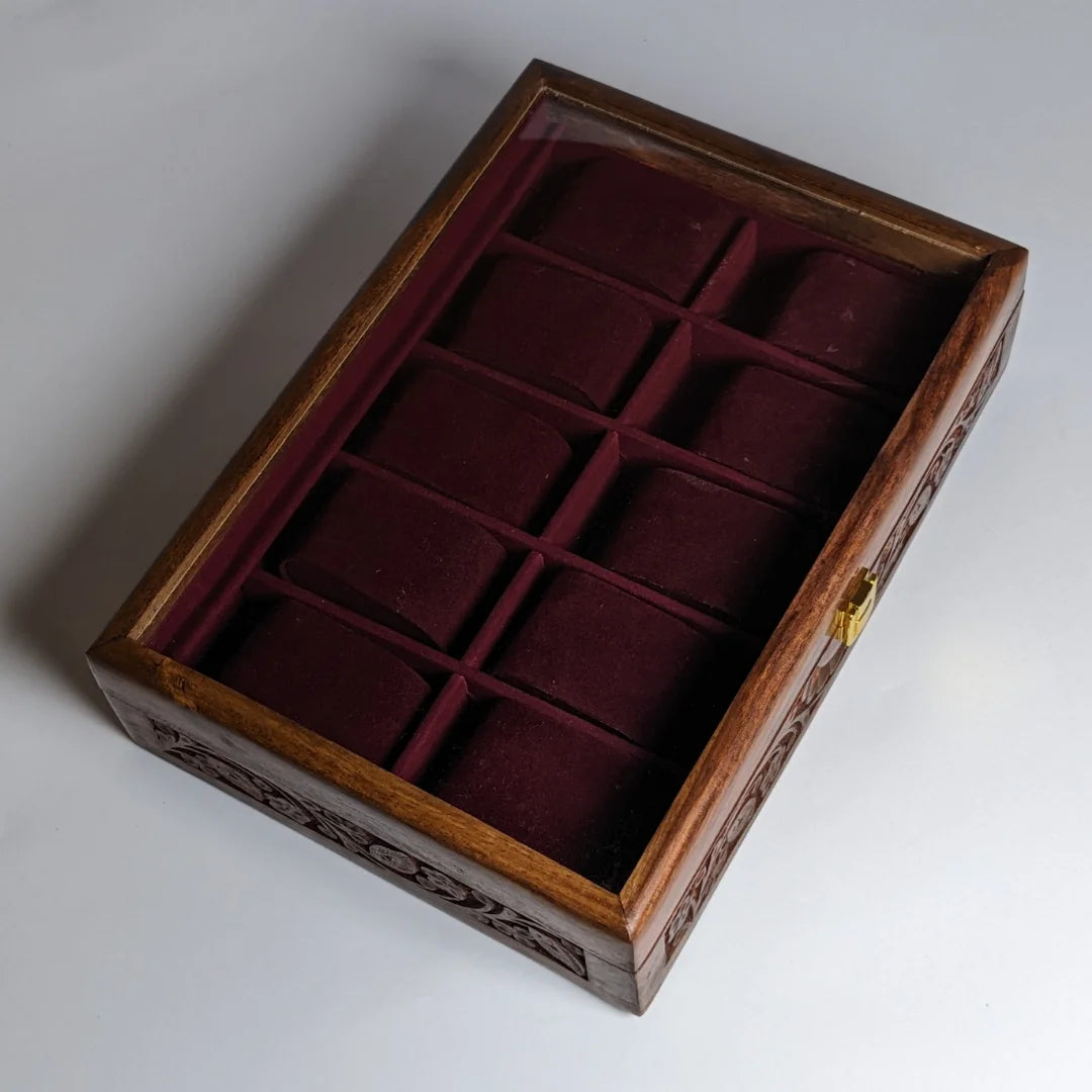 Wooden Watch Box with Glass Lid, Carving Art & Shape-Holding Cushions – Organizer for 10 Watches