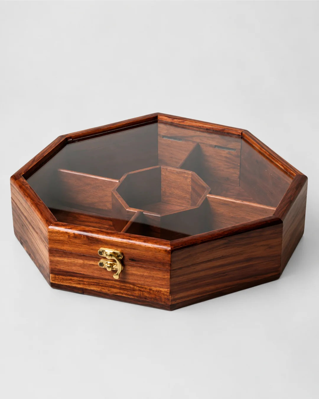 Wooden Octagon Dry Fruit Box with Glass Lid - Large