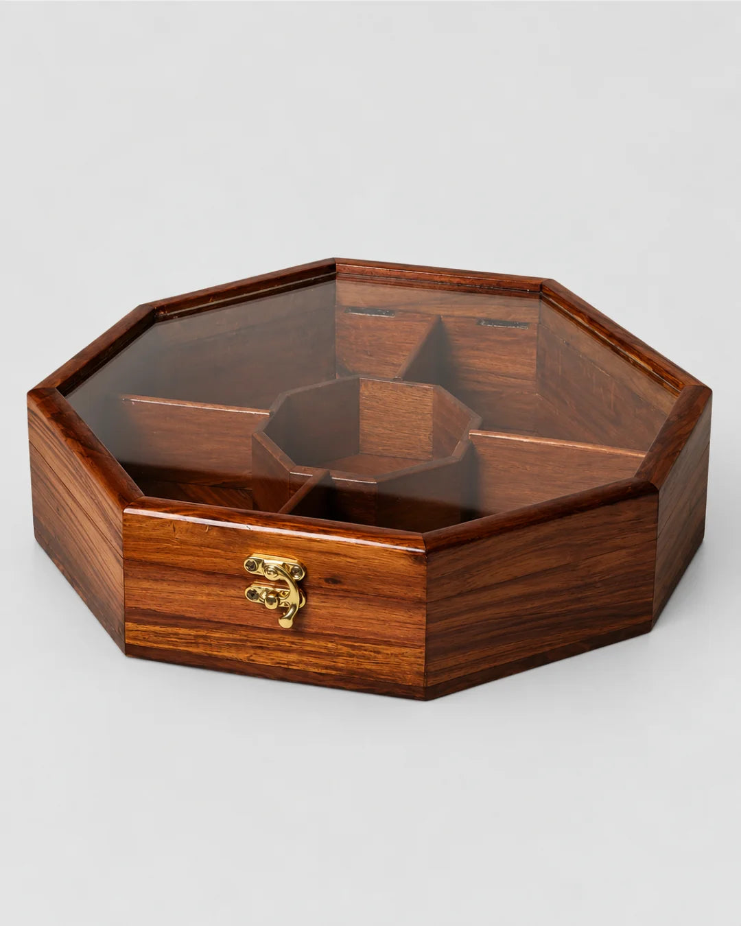 Wooden Octagon Dry Fruit Box with Glass Lid - Large