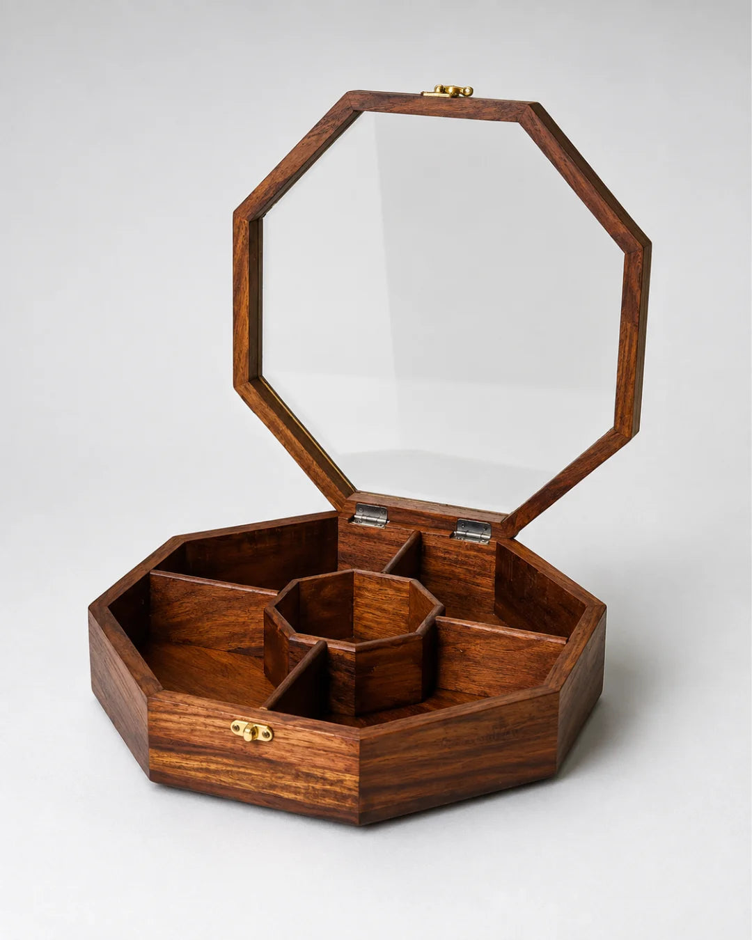 Wooden Octagon Dry Fruit Box with Glass Lid - Large