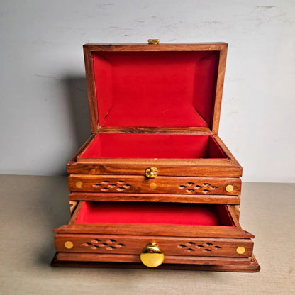 Hand-Carved Shesham Wood Jewelry Box with Drawer - 9x12 Inches - Woodistan