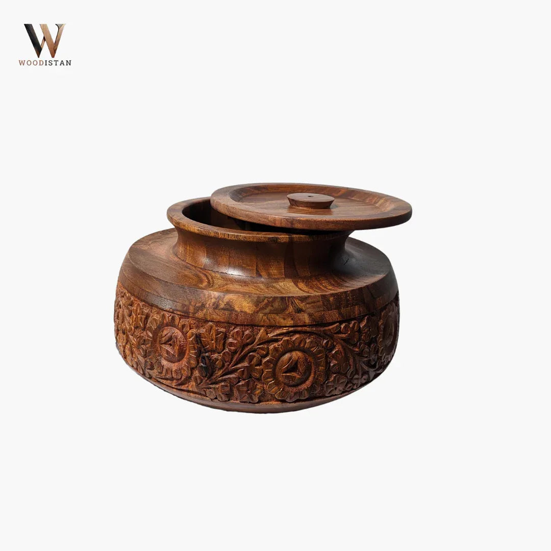 Handmade Wooden Daig Style Chapati Hotpot with Carving Art - Woodistan