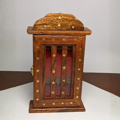 Handmade Wooden Wall Mounted Key Box with Glass Panel and 6 Key Hooks - Woodistan