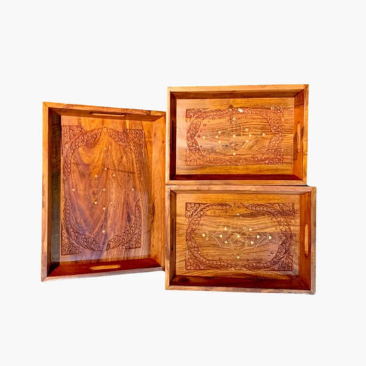 Hand Carved Wooden Tray Set (3 Trays)