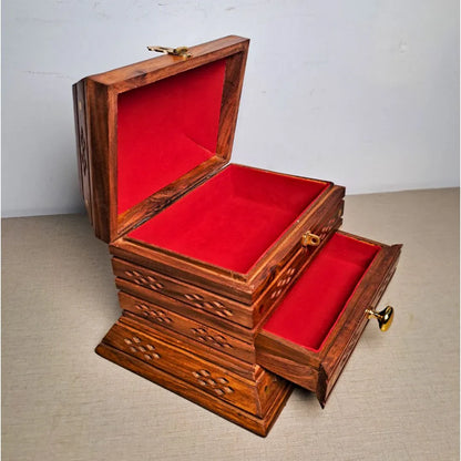 Hand-Carved Shesham Wood Jewelry Box with Drawer - 9x12 Inches - Woodistan