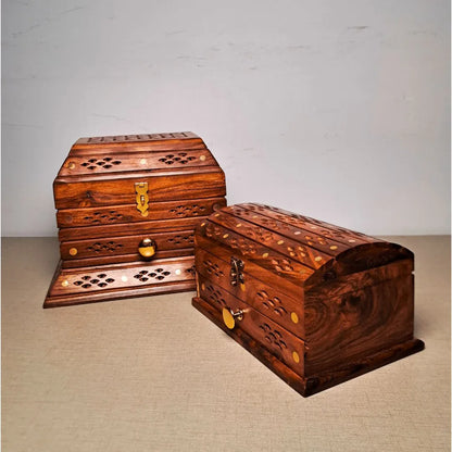 Set of 2 Hand-Carved Shesham Wood Jewelry Boxes - 9x12" and 7x10" - Woodistan