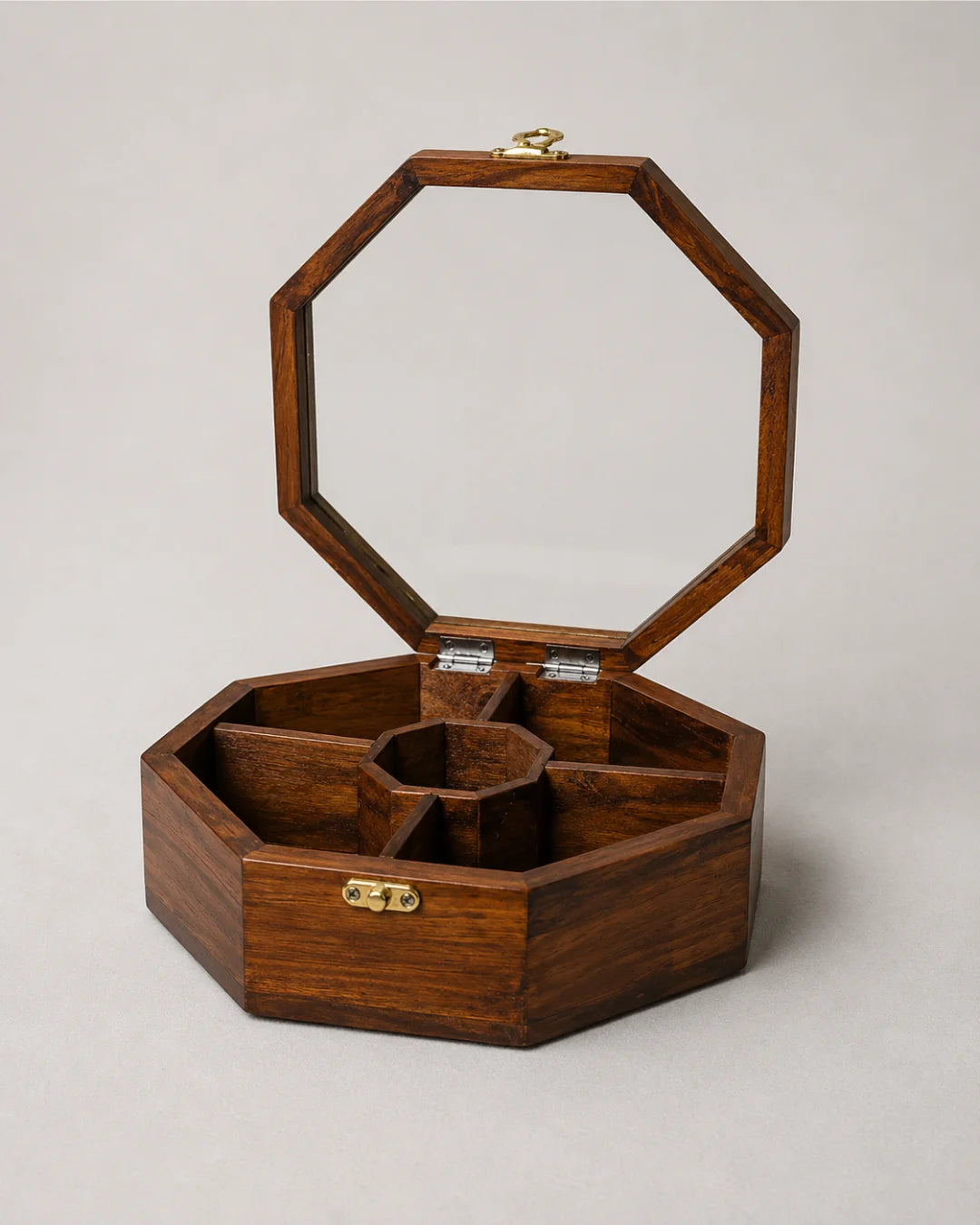 Wooden Octagon Dry Fruit Box with Glass Lid