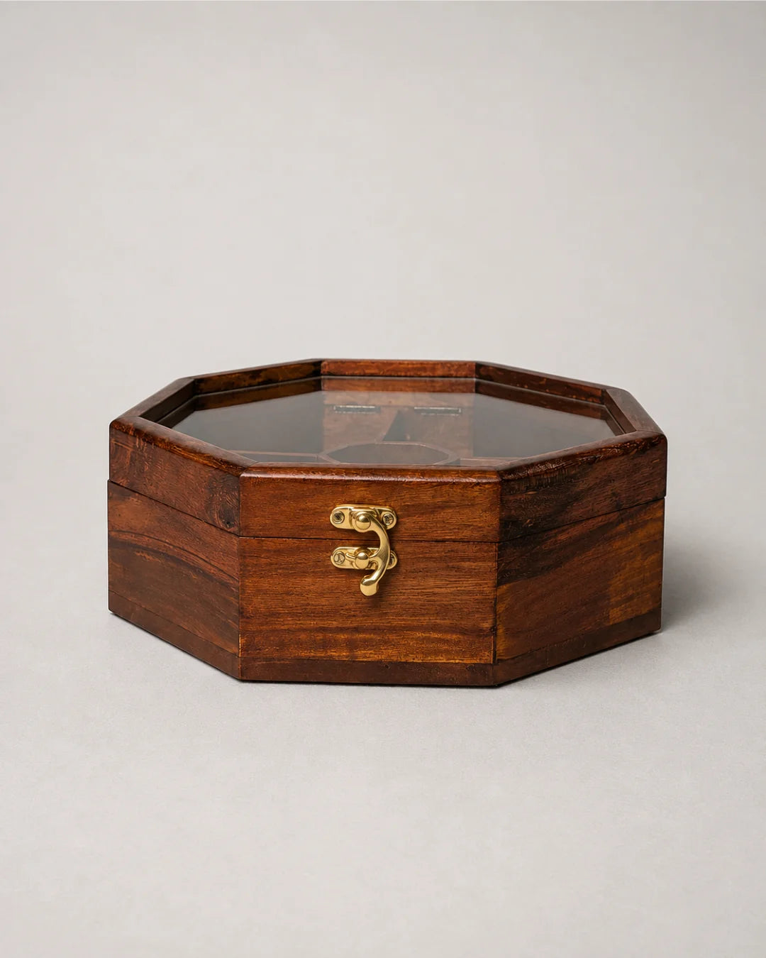 Wooden Octagon Dry Fruit Box with Glass Lid