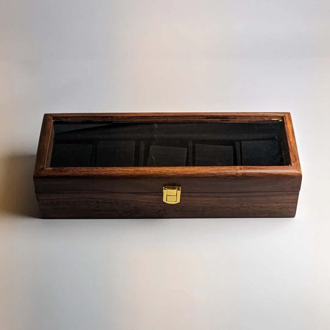 Wooden Watch Box with Glass Lid & Shape-Holding Cushions – Organizer for 5 Watches